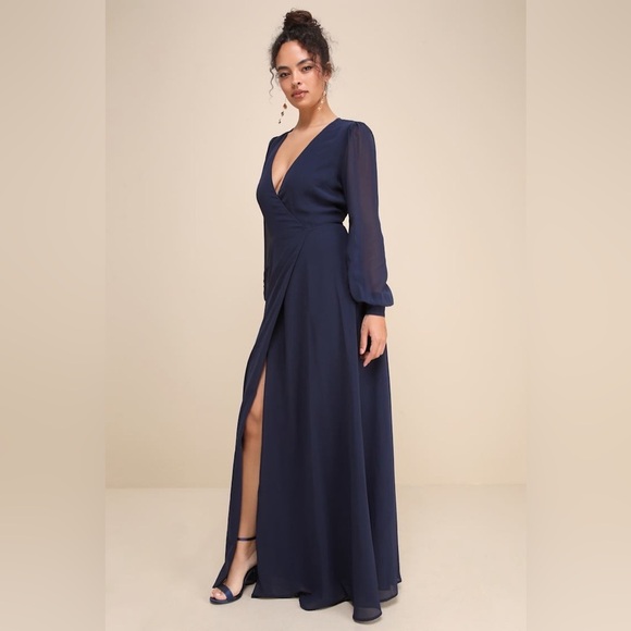 NWT Lulus My Whole Heart Dark Navy Blue Long Sleeve Wrap Dress w/ Button Cuffs M - Picture 2 of 16